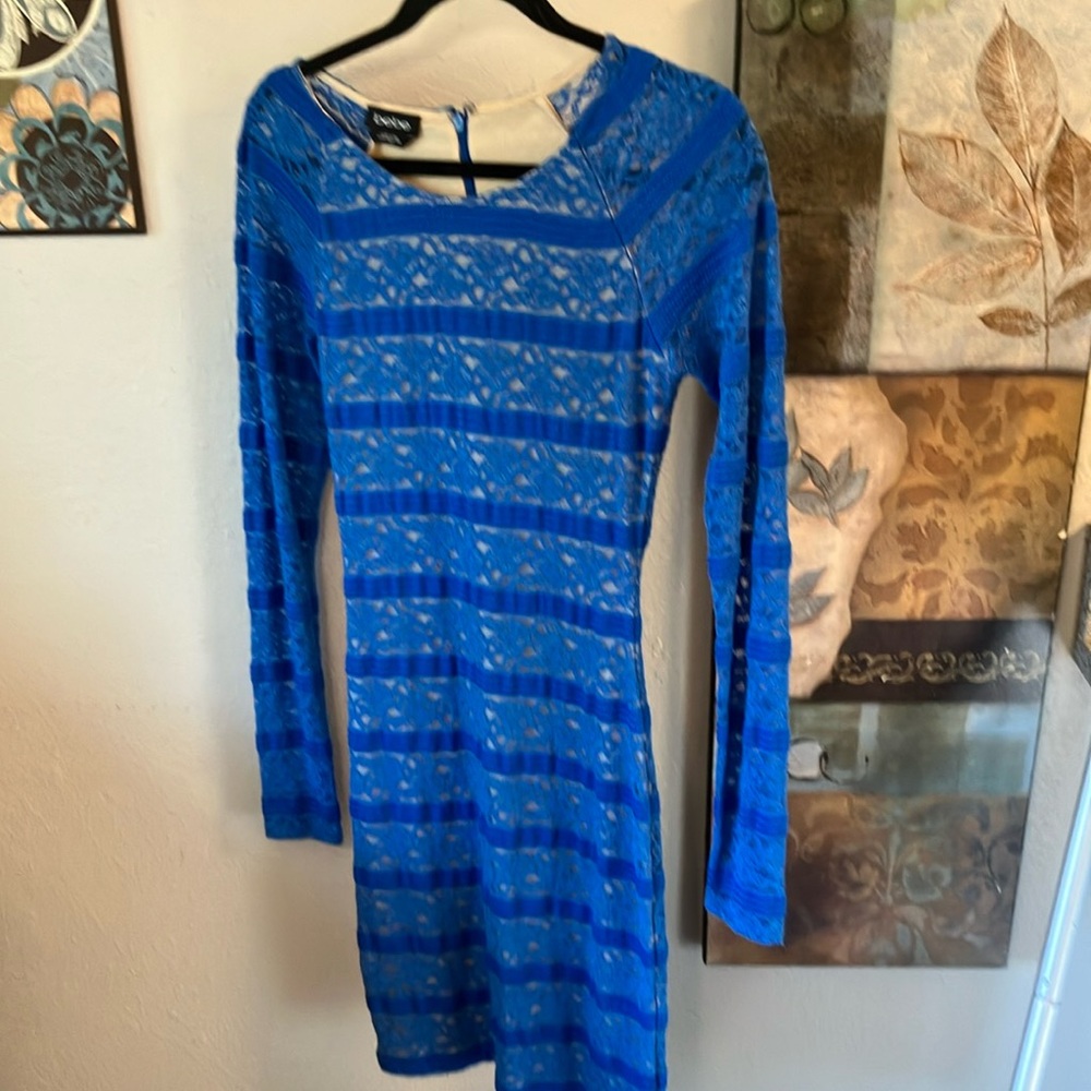 Bebe Blue Lace Dress with Long Sleeves Gorgeous Body-con Stretchy S - Picture 11 of 16